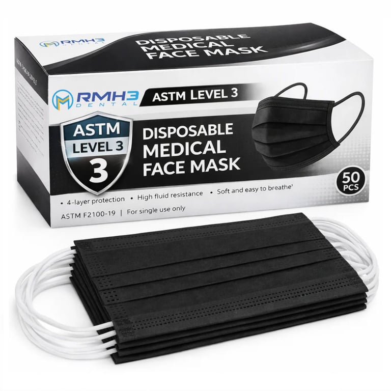 RMH3 Dental Disposable 4-Ply ASTM Level 3 Ear-Loop Face Mask, Black, 50/Pk. High fluid resistant