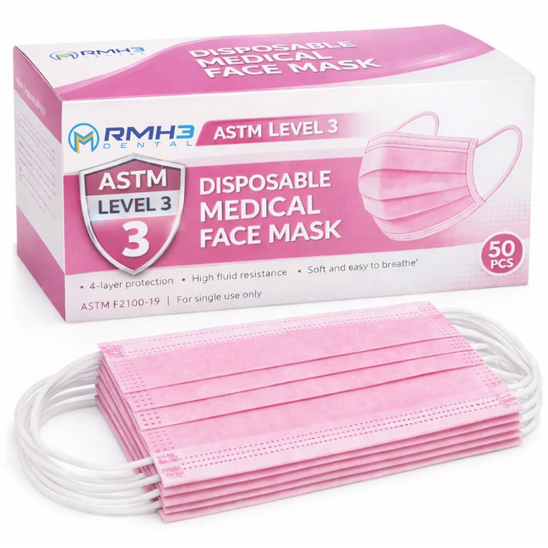 RMH3 Dental Disposable 4-Ply ASTM Level 3 Ear-Loop Face Mask, Pink, 50/Pk. High fluid resistant