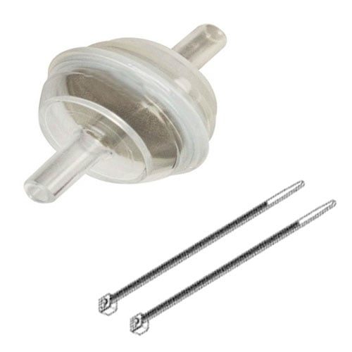 House Brand Water Filter (In-Line). 3/16" ID hose connectors, 1-1/4" Diameter, 2" length