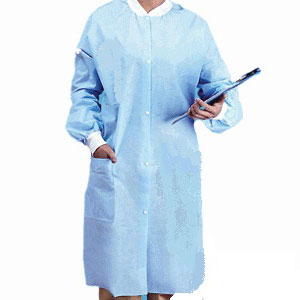 Safe-Dent Lab Coats, Sky Blue LARGE, 10/Bag. Knee length. Knit cuffs and collar. 1 right hip
