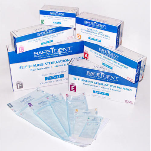 Safe-Dent 3.5 X 5.25" sterilization pouch 200/box. Self-sealing paper/blue tint film sterilization
