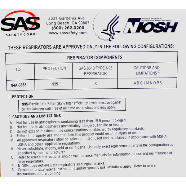 SAS Safety NIOSH N95 Particulate Respirator 20/Box. Molded Cone Mask