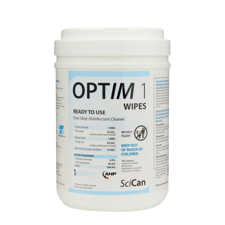 OPTIM 1 pre-saturated wipes, 6" x 7", 160 wipes/can. 1 minute broad spectrum contact time