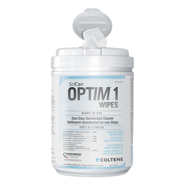 OPTIM 1 10" x 10" Disinfectant Wipes, 60 Wipes/Can, Case of 12. Provides contact times of 1 minute
