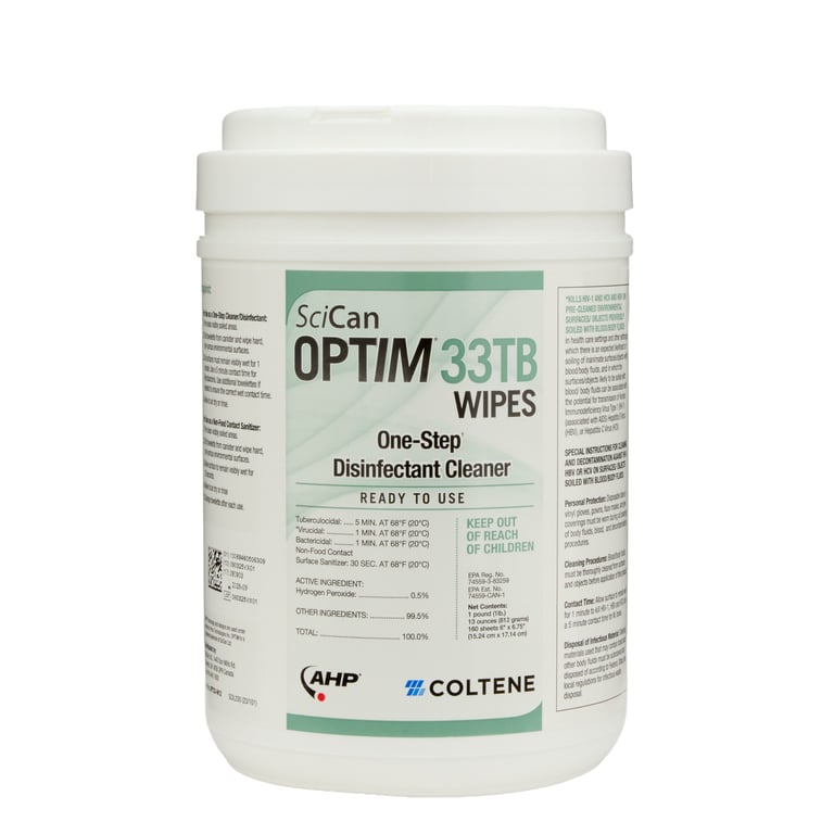 OPTIM 33TB Disinfectant Cleaner Wipes 6"x7", Case of 12x 160/Can. Saturated with broad spectrum