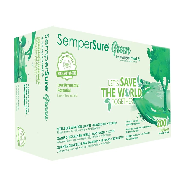 SemperSure Green Powder Free Nitrile Exam Gloves, Medium, Green, 200/Box. Green textured nitrile