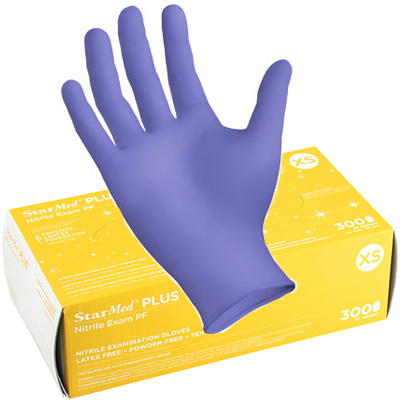 StarMed Plus Nitrile Exam Gloves - X-SMALL, blue, 300/box. These soft, flexible, and resilient