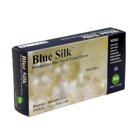 Blue Silk Nitrile Exam Gloves: X-SMALL 200/Double Box. Powder-Free, Textured, Blue, Puncture