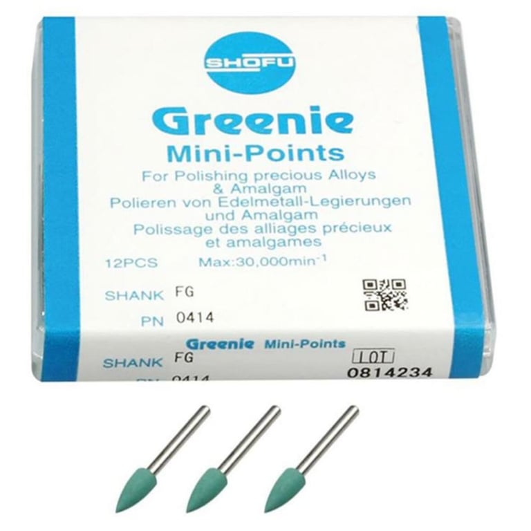 Greenie (Polish) FG Mini-Point, 12/pk. Provides finishing and polishing for amalgam, gold and cast