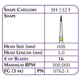 Robot FG #SH 132 F 16 Blade CTF Carbide Finishing Burs 3/Pk. For Cosmetic Trimming & Finishing