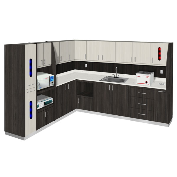 Signature Series Sterilization Cabinet L shape 120". Drawers/Sliding trash shoot/ Sharps