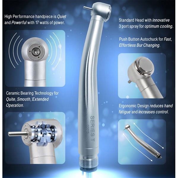 Series T 4-hole Star-type triple spray push button high-speed handpiece. Lightweight and quiet