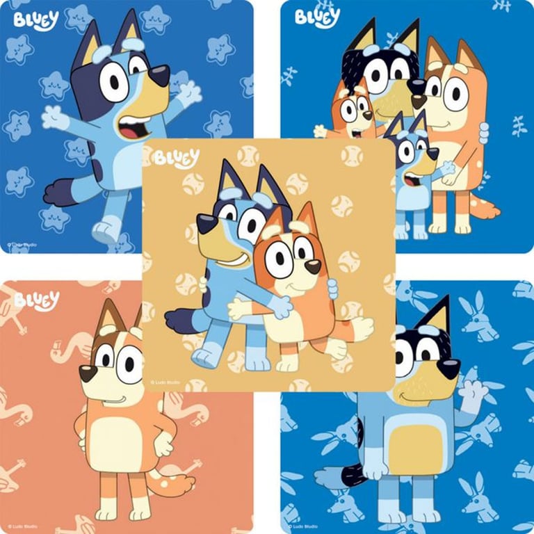 SmileMakers Latex-free Bluey Stickers, 2"-12", Assorted Designs, 100/Pk. Bluey, her dad Bandit