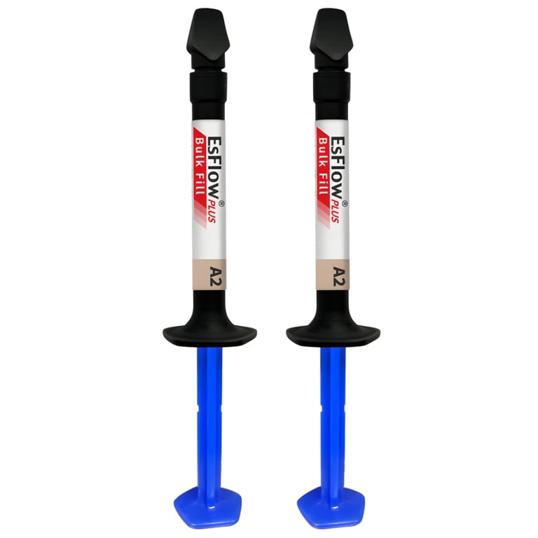 EsFlow PLUS Bulk Fill, A2 Flowable Light-Cured Resin Composite, 2 x 2.5gm Syringes. Features