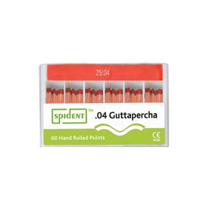 Spident #25 .04 Tapered Gutta Percha Points, Hand Rolled, Color Coded, Box of 60 points