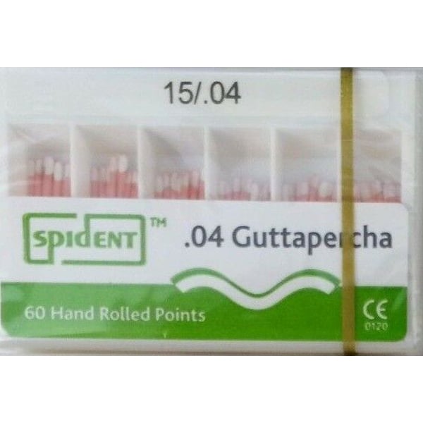 Spident #15 .04 Tapered Gutta Percha Points, Hand Rolled, Color Coded, Box of 60 points