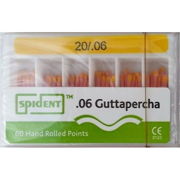 Spident #20 .06 Tapered Gutta Percha Points, Hand Rolled, Color Coded, Box of 60 points