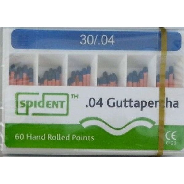 Spident #30 .04 Tapered Gutta Percha Points, Hand Rolled, Color Coded, Box of 60 points