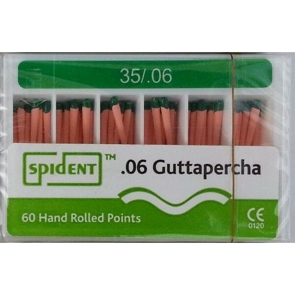 Spident #35 .06 Tapered Gutta Percha Points, Hand Rolled, Color Coded, Box of 60 points