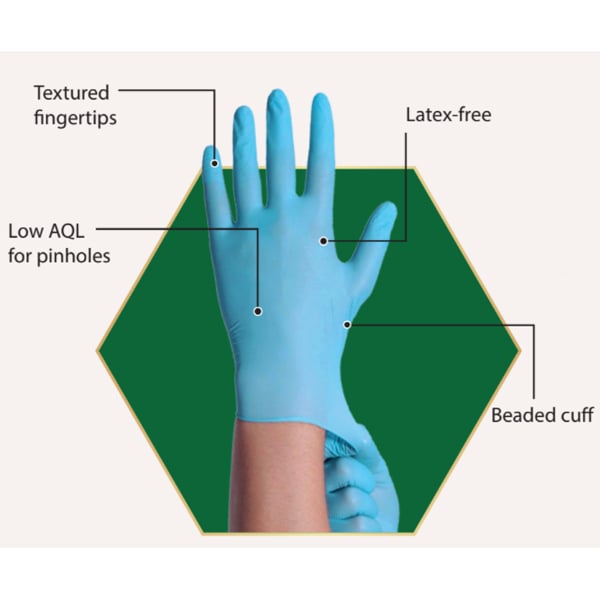 Emerald Nitrile Exam Gloves Blue LARGE Beaded Cuffs