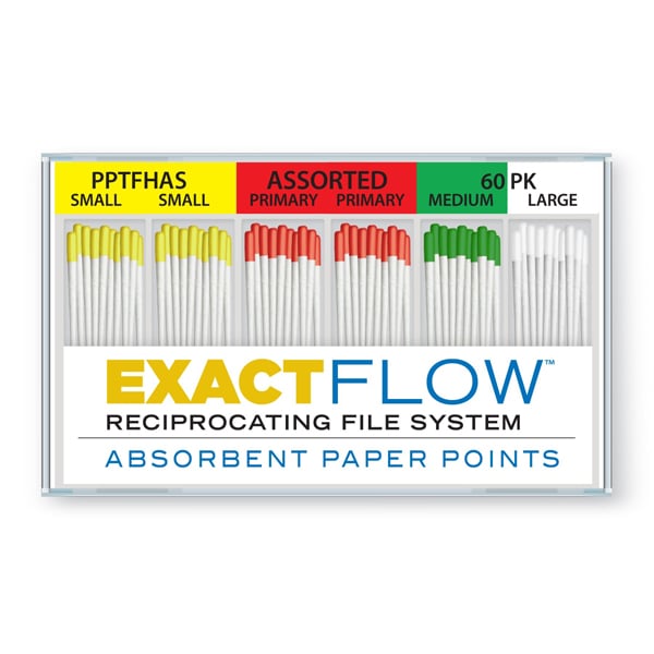 ExactFlow Absorbent Paper Points, Assorted S/M/L/P, Color Coded, 60 Per Box. Made from specially