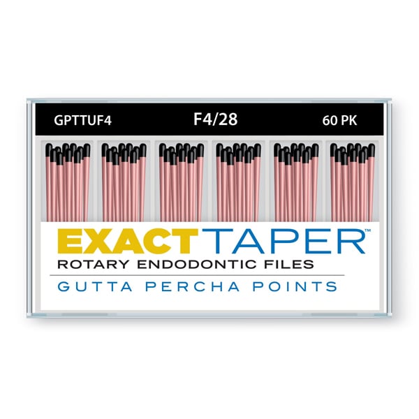 ExactTaper F4 Gutta Percha Points 28mm, 60/Box. Hand jig rolled to produce precise and resilient