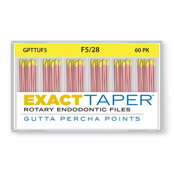 ExactTaper F5 Gutta Percha Points 28mm, 60/Box. Hand jig rolled to produce precise and resilient