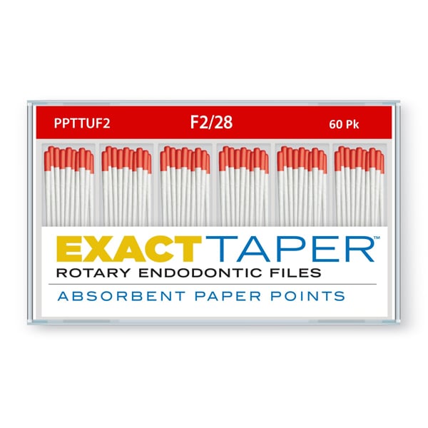 ExactTaper F2 Absorbent Paper Points 28mm, Color Coded, 60 Per Box. Made from specially