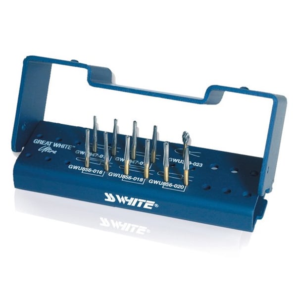 Great White Ultra Crown & Bridge Preparation Kit. Contains Autoclavable bur block and 11 assorted