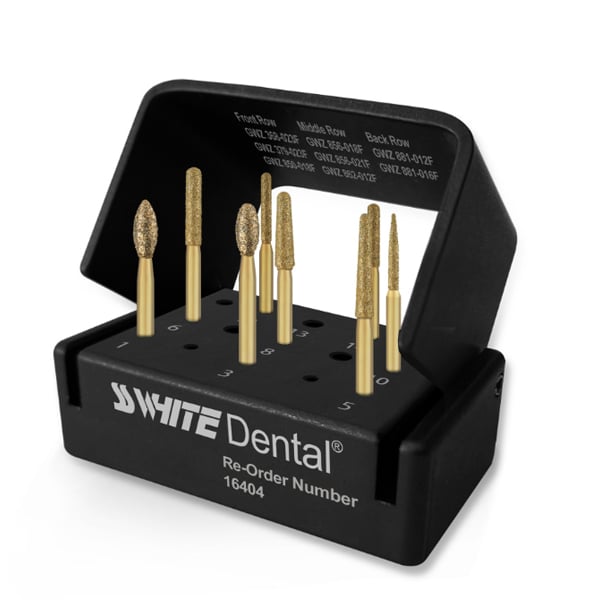 Great White Z Lab Zirconia Adjustment Kit. Includes 8 GWZ Diamond Burs plus autoclavable block
