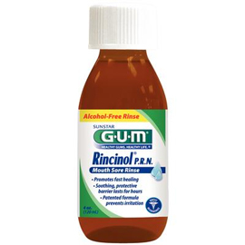Rincinol P.R.N. Mouth Sore Rinse 4 oz. Bottle. Bio-adherent mucosal coating for oral soft tissue