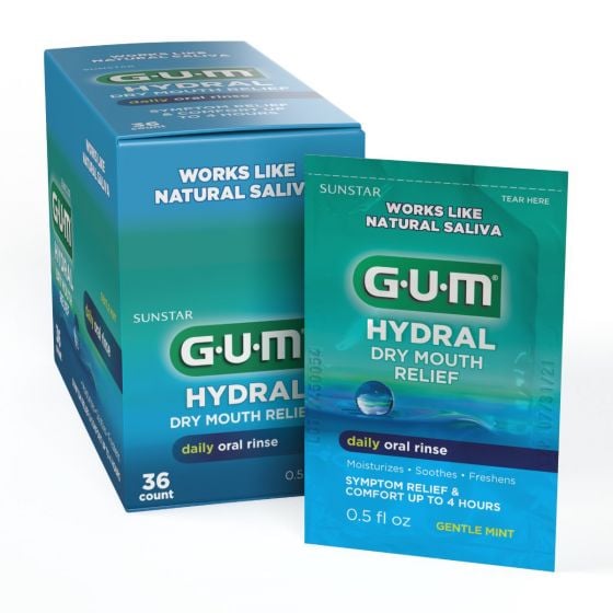 GUM Hydral Oral Rinse, Dry Mouth Relief 0.5oz Sachets 36/Box. Gentle