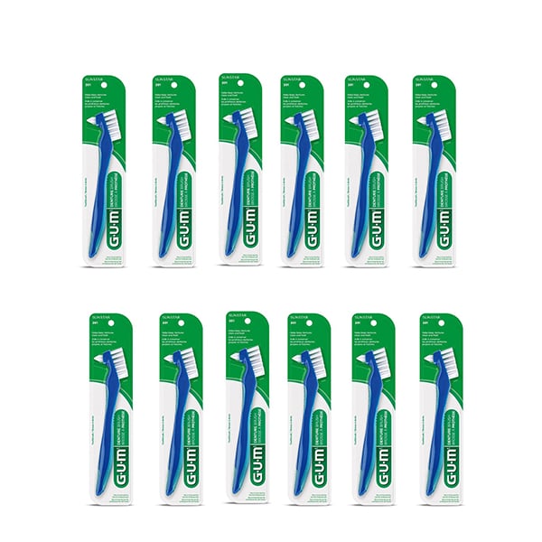 GUM Denture Brush - Flat Trim and Firm Bristles, 12/Bx. Short Handle with Lever Grip. Tapered