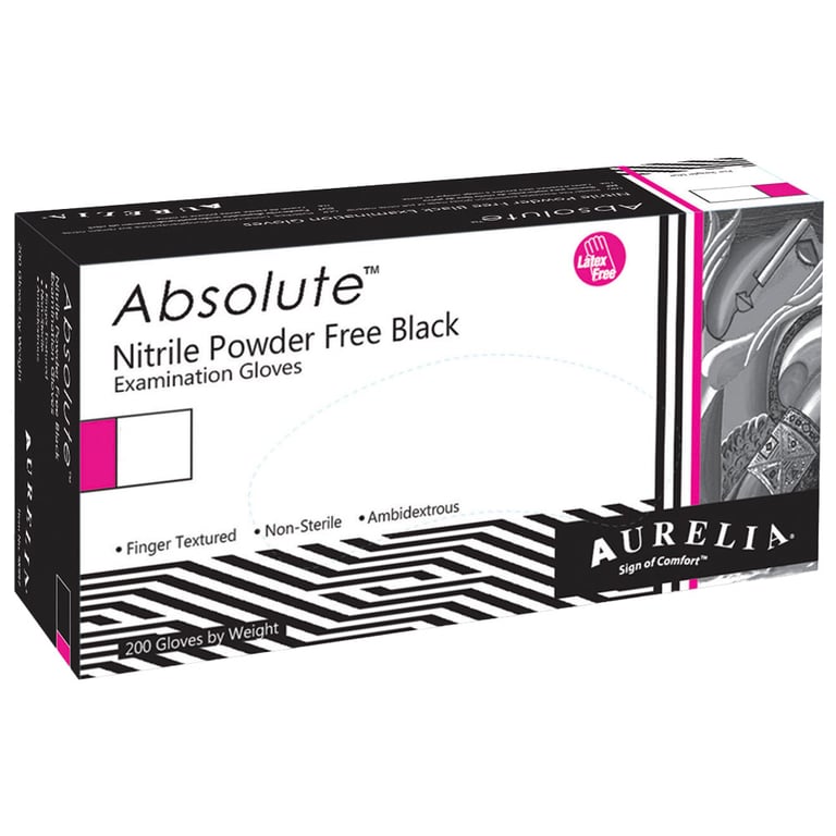 Aurelia Absolute Nitrile Powder-Free Exam Gloves, X-Large, Black, 200/Bx. Non-sterile, textured