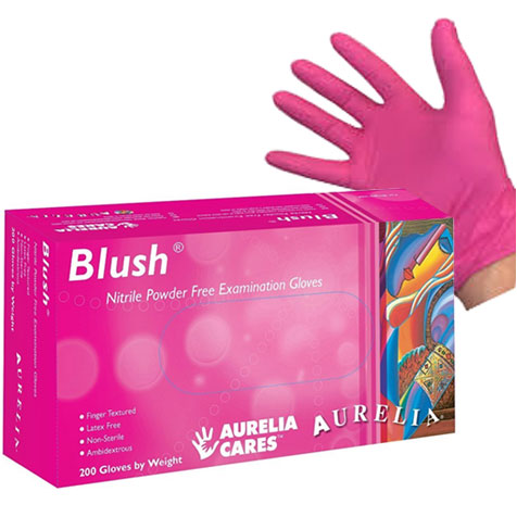 Aurelia Blush Nitrile Gloves, Pink: X-SMALL Case of 10x 200/Bx. Powder-Free, Textured Fingertips