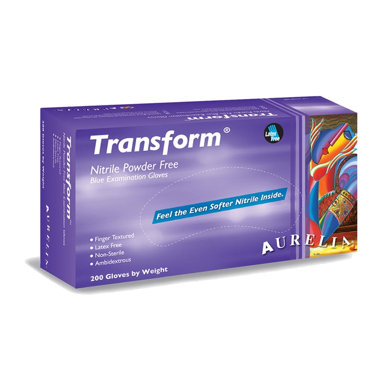 Aurelia Transform Blue Powder-Free Nitrile Gloves, Large, 200/Box, 10 Boxes/Case. Textured