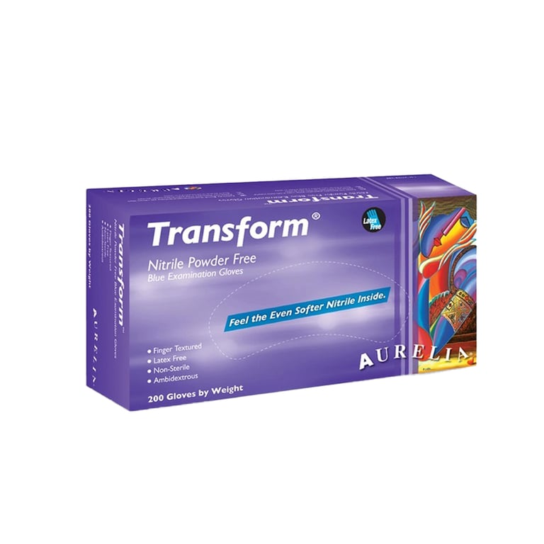 Aurelia Transform Nitrile Gloves: MEDIUM 200/Bx Case of 10 Boxes. Blue Powder-Free Textured