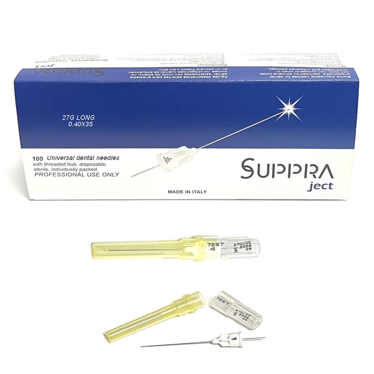 SUPPRA Ject Sterile Disposable Anesthetic Needle, 27 Gauge Long (1.375"), 100/Box. Yellow guard