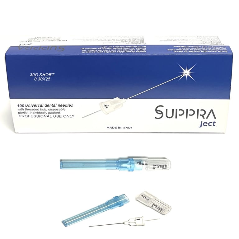 SUPPRA Ject Sterile Disposable Anesthetic Needle, 30 Gauge Short (1"), 100/Box. Blue guard color