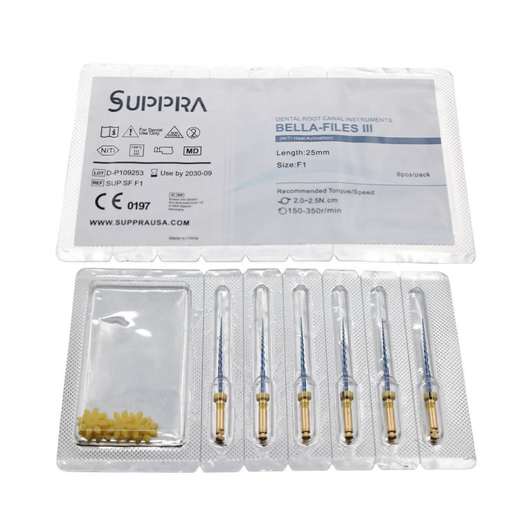 SUPPRA BELLA III Heat Activated Niti Endodontic Files, F1, 25mm, 6/Pk. Recommended torque 2.0