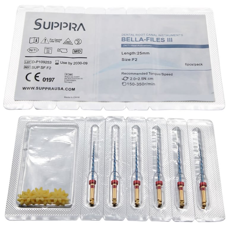 SUPPRA BELLA III Heat Activated Niti Endodontic Files, F2, 25mm, 6/Pk. Recommended torque 2.0
