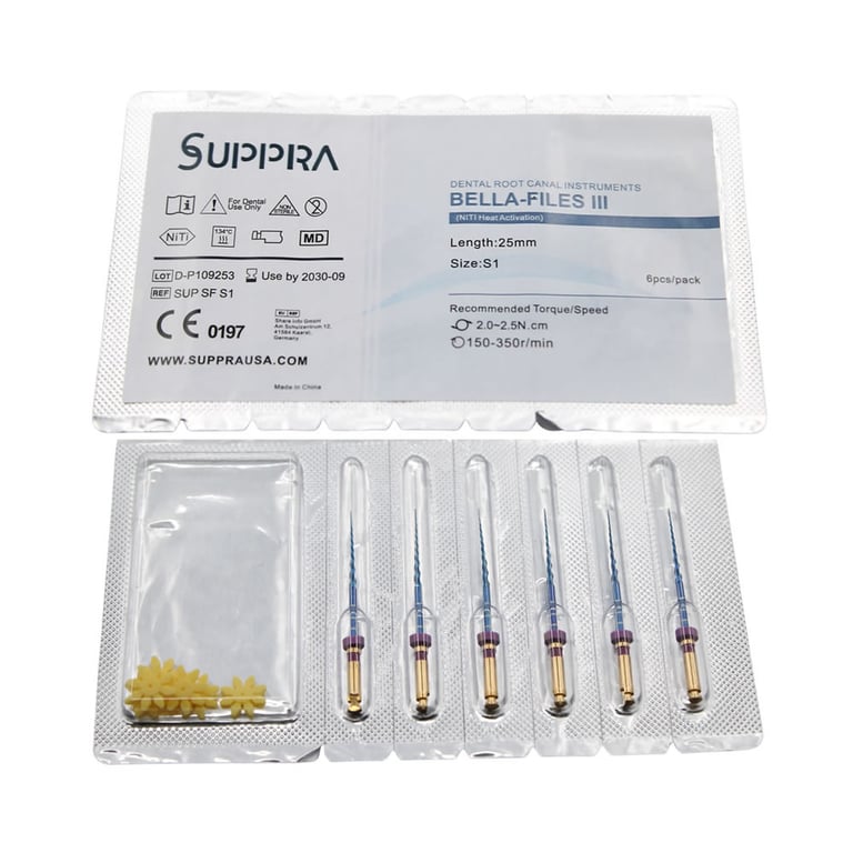 SUPPRA BELLA III Heat Activated Niti Endodontic Files, S1, 25mm, 6/Pk. Recommended torque 2.0