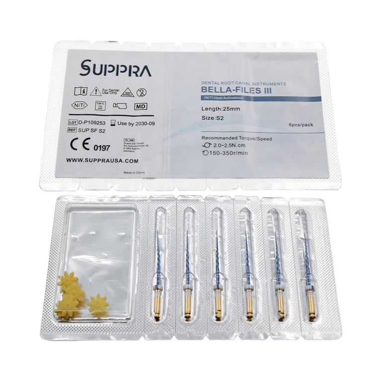 SUPPRA BELLA III Heat Activated Niti Endodontic Files, S2, 25mm, 6/Pk. Recommended torque 2.0