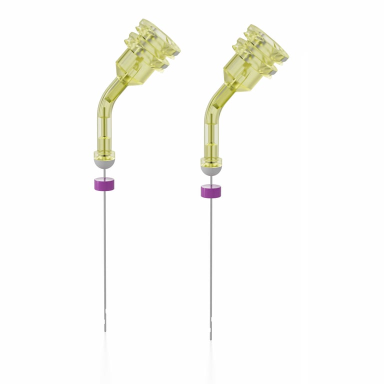 SUPPRA 0.3/30G Endo Irrigation Needle, Curved 22mm, Yellow, 20/Pk. Features two lateral vent
