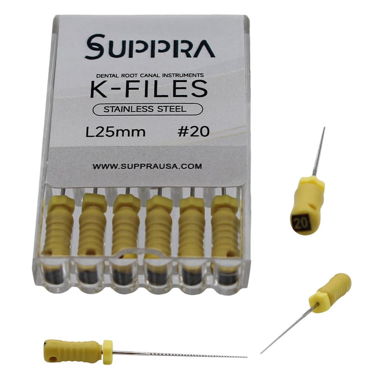 SUPPRA Stainless Steel Endodontics K - Files, #20, 25mm, 6/Pk. Strong hand files with square cross