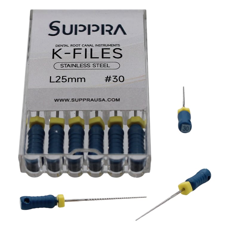 SUPPRA Stainless Steel Endodontics K - Files, #30, 25mm, 6/Pk. Strong hand files with square cross