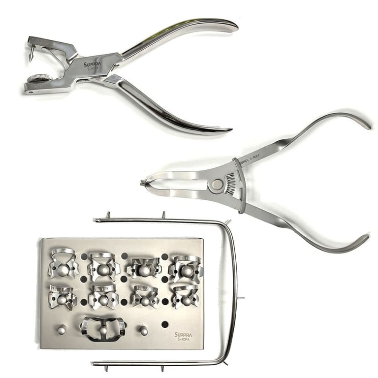 SUPPRA Rubber Dam and Clamps, All-in-One Set. Includes forceps (type IV), punch (Ainsworth style)