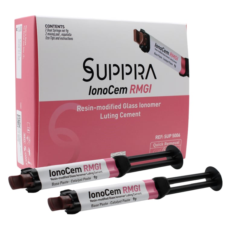 SUPPRA IonoCem RMGI Light-Cure Luting Cement, 9g Syringes & 10 Tips, 2/Pk. Seats metal, resin