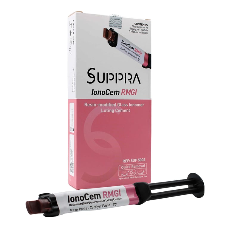SUPPRA IonoCem RMGI Light-Cure Luting Cement, 9g Syringe & 10 Tips, 1/Pk. Seats metal, resin