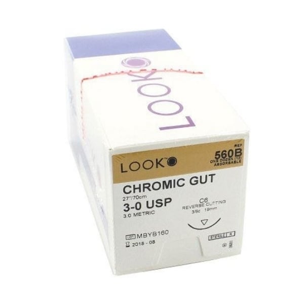 Look 3/0, 27" Chromic Gut absorbable suture with reverse-cutting C-6 needle (3/8 circle), box